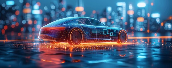 A futuristic car is driving through a city with a bright orange glow. The car is surrounded by a glowing mist, giving it a sense of movement and speed. The cityscape is filled with tall buildings