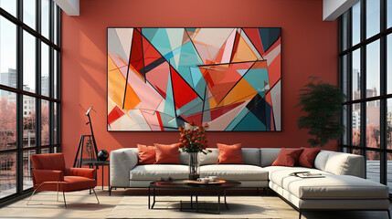 modern living room on a canvas filled with bold reds and blacks
