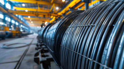 Fototapeta premium close up coils of steel wire rod located in the industrial. Heavy industrial