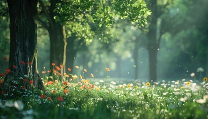 Natural dorest of woods with sunbeams through fog and leaves branch create mystic atmosphere. sunny morning in green forest