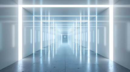 3d rendering of futuristic white background with glowing neon light and long corridor for technology concept design.