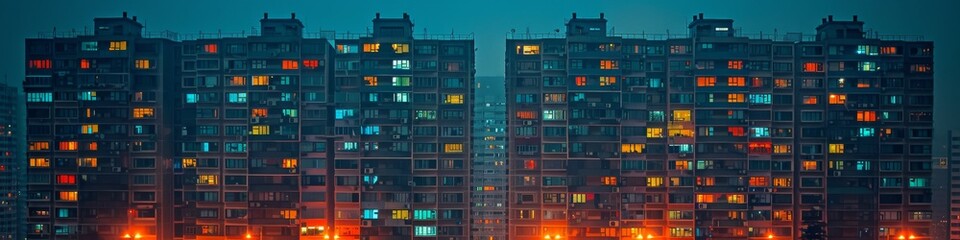 Fototapeta premium Brightly colored city buildings with lights on. 