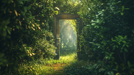Door to nature concept, old wooden door and green path alley