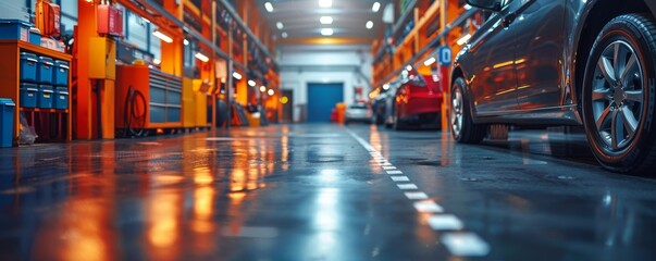Fototapeta premium A car is parked in a large garage with many other cars. The garage is dimly lit and has a somewhat industrial feel