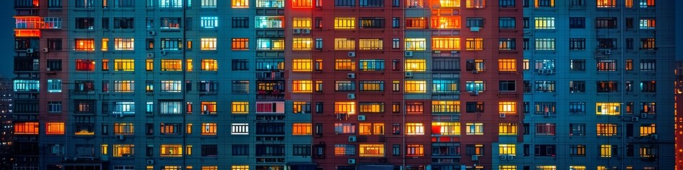 Brightly colored city buildings with lights on. 