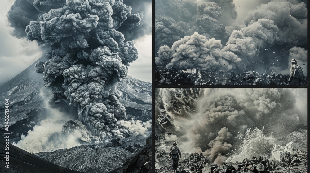 Poster a montage of images showing the destructive power of pyroclastic flows leaving nothing but ash and d