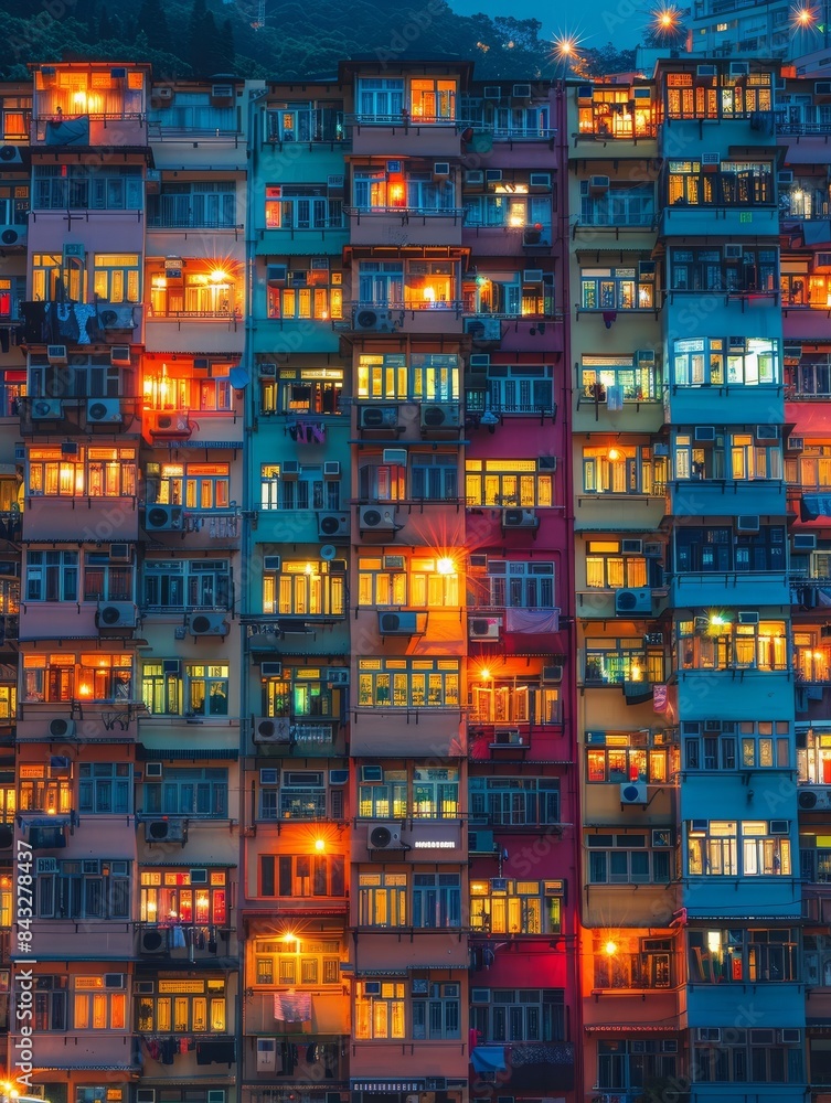 Poster Brightly colored city buildings with lights on. 