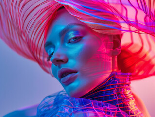 A woman with a pink hat and blue and red clothing is wearing a lot of makeup