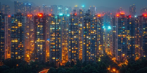 Fototapeta premium Brightly colored city buildings with lights on. 