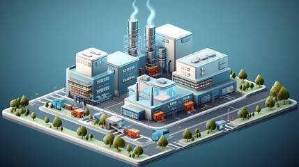 Detailed Isometric 3D city module industrial urban factory vector image showcasing production facilities and logistics hubs