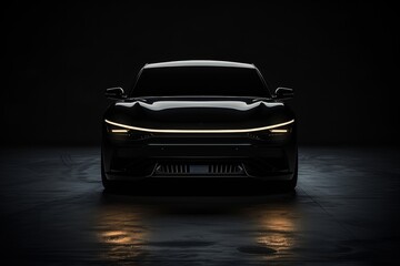 A black car with a bright light on the hood. The car is in a dark room. The car is the main focus of the image