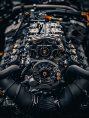 Obraz premium A close up of a car engine with many bolts and screws. The engine is black and shiny