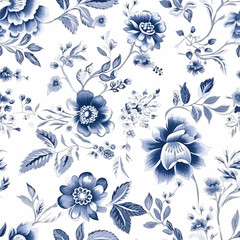 Seamless floral pattern, tileable blue and white country style print with flowers for wallpaper, wrapping paper, scrapbook, fabric and product design, post-processed, generative ai