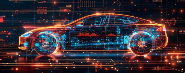 A futuristic car with a lot of lights and wires. The car is shown in a digital format, with a lot of detail and a futuristic look. Scene is one of excitement and innovation