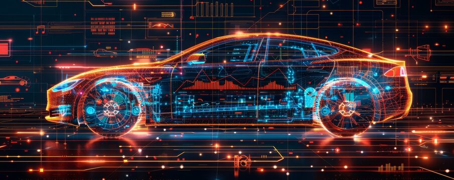 A futuristic car with a lot of lights and wires. The car is shown in a digital format, with a lot of detail and a futuristic look. Scene is one of excitement and innovation
