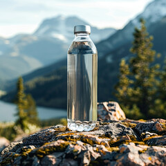 Bottle of clear water in the middle of nature on a rock with a background of mountains and mineral water.