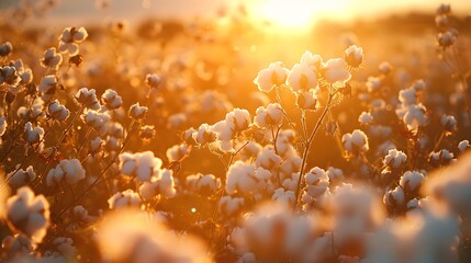 A closeup shot of cotton swaying vibrantly and in detail, set against the backdrop of an expansive field at sunset, with a focus on the face.