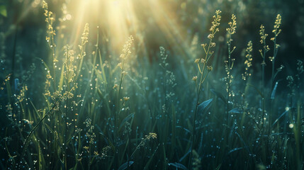 Grass background with sun beam, Soft focus abstract nature background