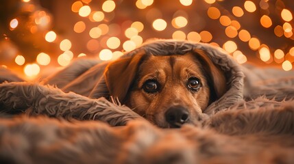 A dog hiding under the blanket, looking scared with fireworks in background, cinematic.