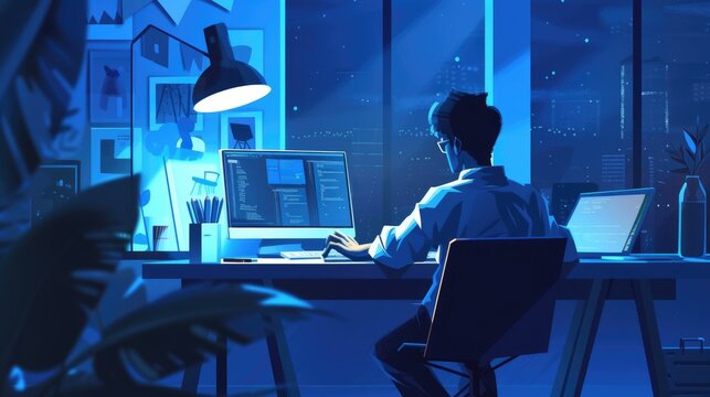 Attractive professional software developer coding program or engineering prompt. Skilled programmer typing computer and laptop while developing system with blurring background. Technology. AIG42.