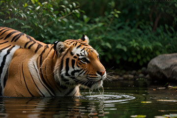 Naklejka premium Tiger Drinking from a Pond: A close-up of a tiger drinking water from a small pond in its zoo habitat, with lush greenery and reflections in the water