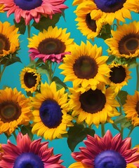 vibrant sunflowers in a colorful, ceramic, vibrant bold colorful unique  vase, solid color background, 3D, 8k, realistic