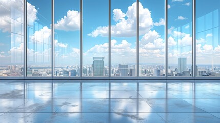 Modern Office Interior with Floor-to-Ceiling Windows Overlooking Cityscape. Apartment. Panoramic Glass Walls, Marble Flooring, Skyline View in High-Resolution Image Capturing Blue Sky and White Clouds