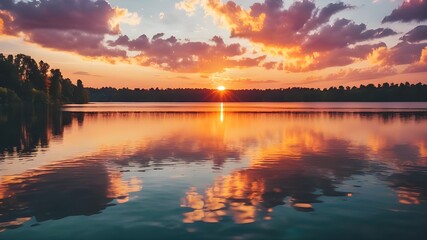Obraz premium An image of a vibrant sunset over a serene lake, with colorful reflections shimmering on the water