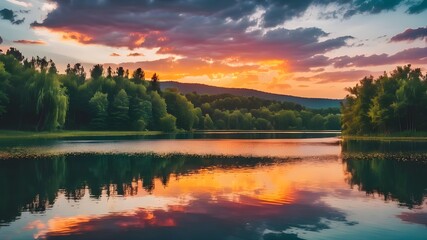 An image of a vibrant sunset over a serene lake, with colorful reflections shimmering on the water