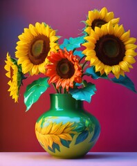 vibrant sunflowers in a colorful, ceramic, vibrant bold colorful unique  vase, solid color background, 3D, 8k, realistic