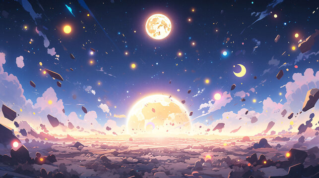 Fantasy sky, moon, beautiful starry sky illustrations, human moon day natural scene wallpaper illustrations
