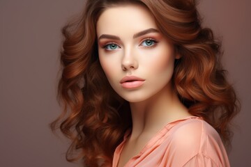 Fototapeta premium A gorgeous European model woman with Close-up view of a caucasian model adorned with flawless cosmetic makeup, set against a pink and purple background.