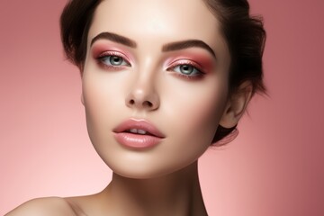 Fototapeta premium A gorgeous European model woman with Close-up view of a caucasian model adorned with flawless cosmetic makeup, set against a pink and purple background.