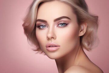 Fototapeta premium A gorgeous European model woman with Close-up view of a caucasian model adorned with flawless cosmetic makeup, set against a pink and purple background.