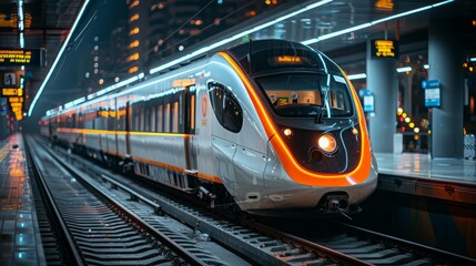 Fototapeta premium Modern metro train arriving at a station platform, blending sleek design with urban convenience.