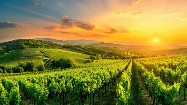 Vineyard Sunset with Rows of Grapevines