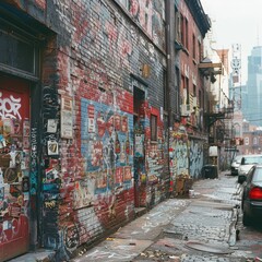 Fototapeta premium An old brick wall in a city covered with layers of graffiti and street art. 