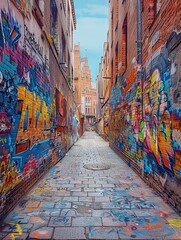 Fototapeta premium An old brick wall in a city covered with layers of graffiti and street art. 