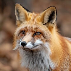 Fototapeta premium Close-up of a Majestic Red Fox in a Forest During Autumn - Captivating Wildlife Photography with Vibrant Orange Fur and Piercing Eyes