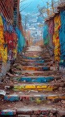 An old brick wall in a city covered with layers of graffiti and street art. 