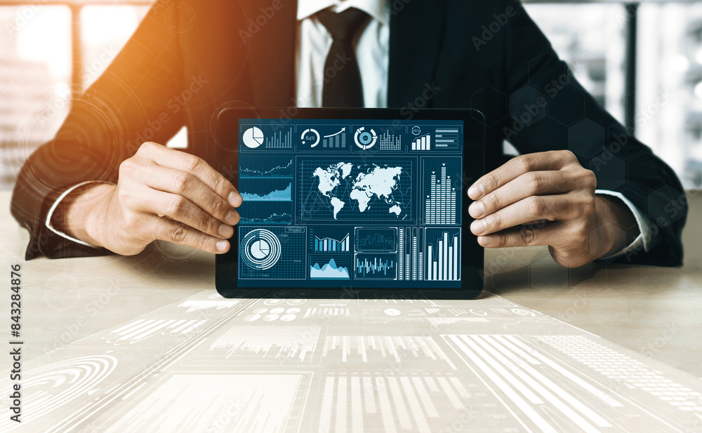 Poster big data technology for business finance analytic concept. modern interface shows massive informatio