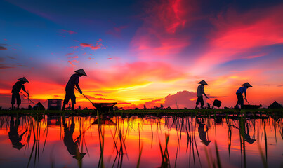 Rice planting, rice harvesting, and rice fields concept