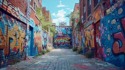 Fototapeta premium An old brick wall in a city covered with layers of graffiti and street art. 