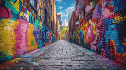 Fototapeta premium An old brick wall in a city covered with layers of graffiti and street art. 