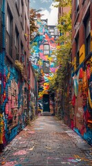 Fototapeta premium An old brick wall in a city covered with layers of graffiti and street art. 