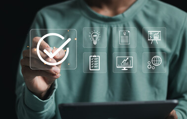 Hand shows sign of top service Quality assurance, Guarantee, Standards, ISO certification and...