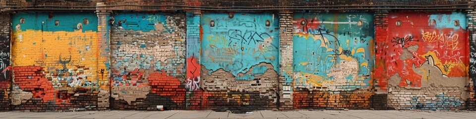 An old brick wall in a city covered with layers of graffiti and street art. 