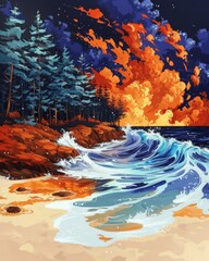 Vibrant Sunset Over Secluded Beach With Fiery Sky, Rocky Shoreline, And Turbulent Ocean Waves Crashing Against Sandy Shore