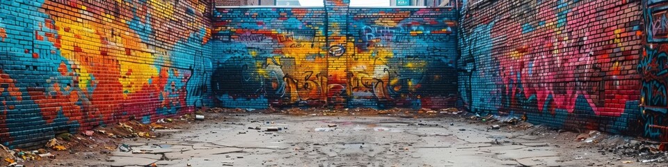 An old brick wall in a city covered with layers of graffiti and street art. 