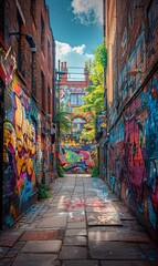 Fototapeta premium An old brick wall in a city covered with layers of graffiti and street art. 